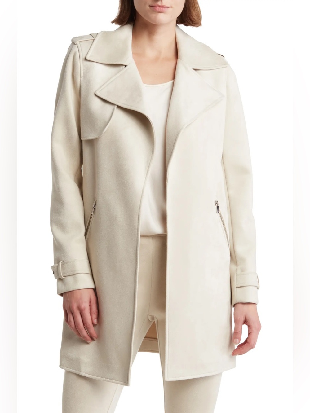 Open Front Faux Suede Jacket in Stony Beige